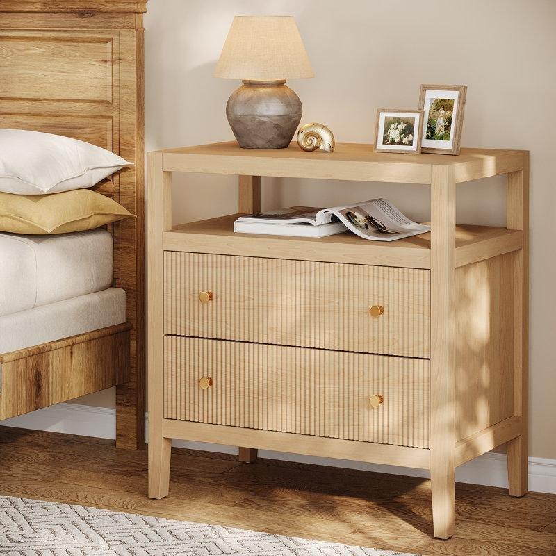 Meşe Rengi MDF Yivli ve Açık Raflı Komodin - 76x76x46 cm - 223512