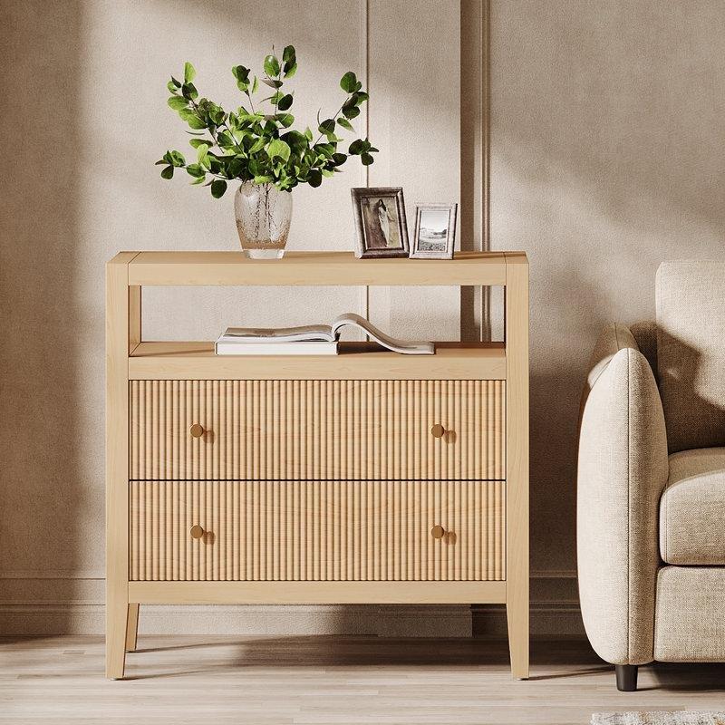 Meşe Rengi MDF Yivli ve Açık Raflı Komodin - 76x76x46 cm - 223512