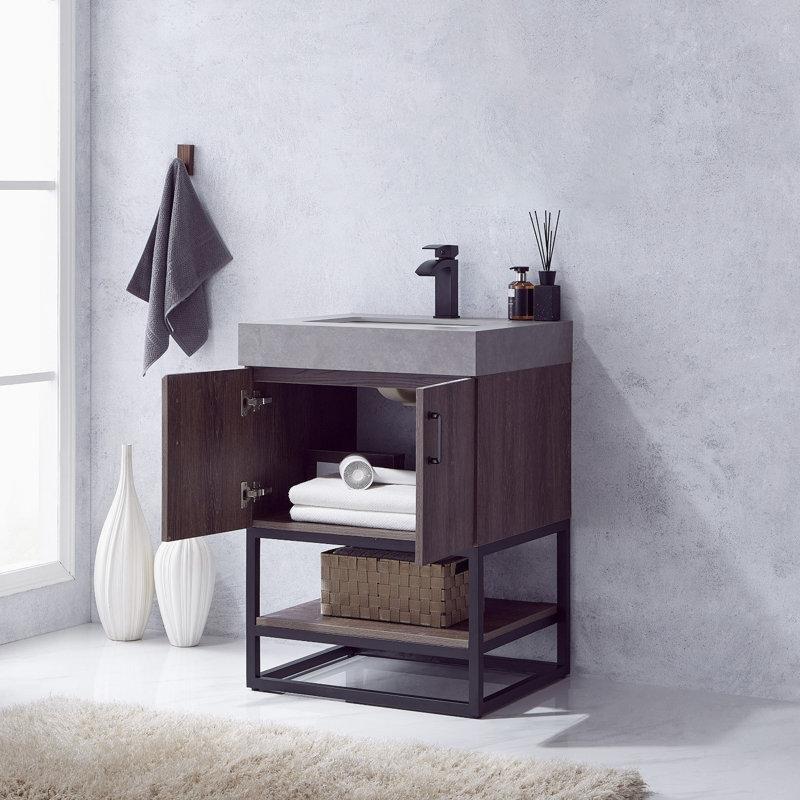 Meşe Rengi PVC Endüstriyel Taş Tezgahlı Paslanmaz Çelik Ayaklı Dahili Prizli Banyo Lavabo Dolabı - 60 cm - 201901