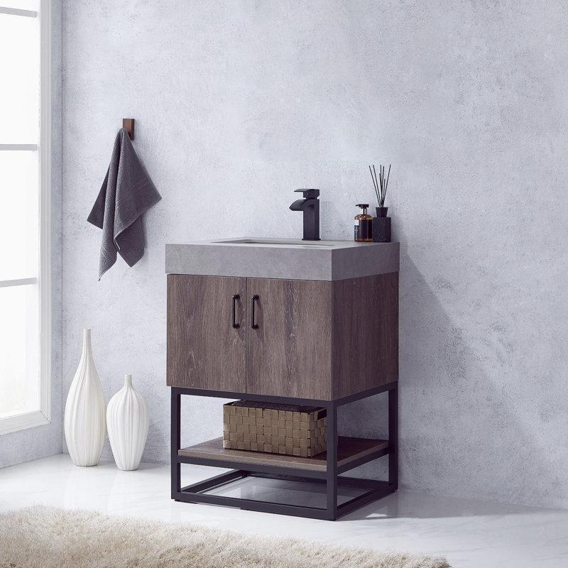 Meşe Rengi PVC Endüstriyel Taş Tezgahlı Paslanmaz Çelik Ayaklı Dahili Prizli Banyo Lavabo Dolabı - 60 cm - 201901