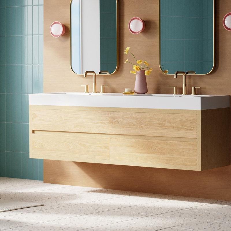 Meşe Rengi PVC Gold Kulplu Çift Lavabolu Kompozit Tezgahlı Banyo Lavabo Dolabı - 182 cm - 199428