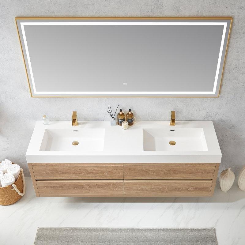 Meşe Rengi PVC Gold Kulplu Çift Lavabolu Kompozit Tezgahlı Banyo Lavabo Dolabı - 182 cm - 199428