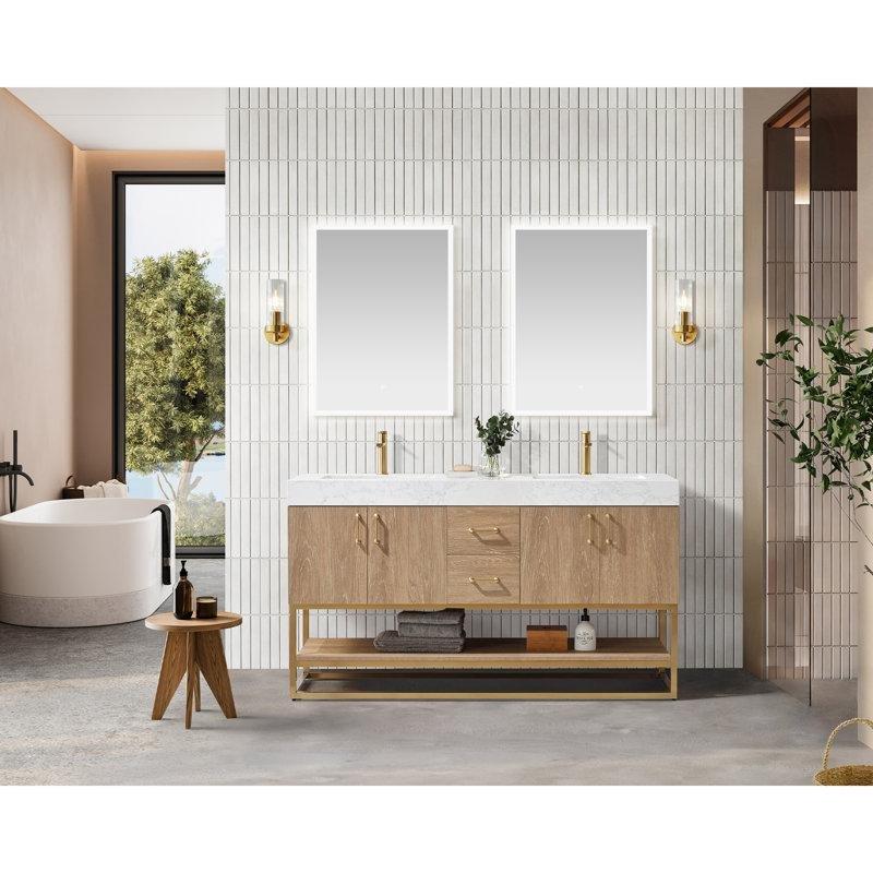 Meşe Tasarımlı Metal Ayaklı Kompoze Taş Tezgahlı Dahili Prizli Çift Lavabolu Banyo Dolabı - 153 cm - 202183