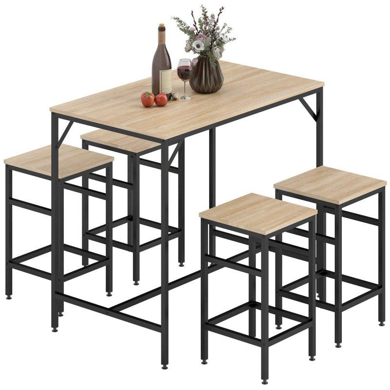 Meşe ve Siyah Çelik İskeletli 4 Tabureli Bar Masası Seti - 100x60 cm - 232199