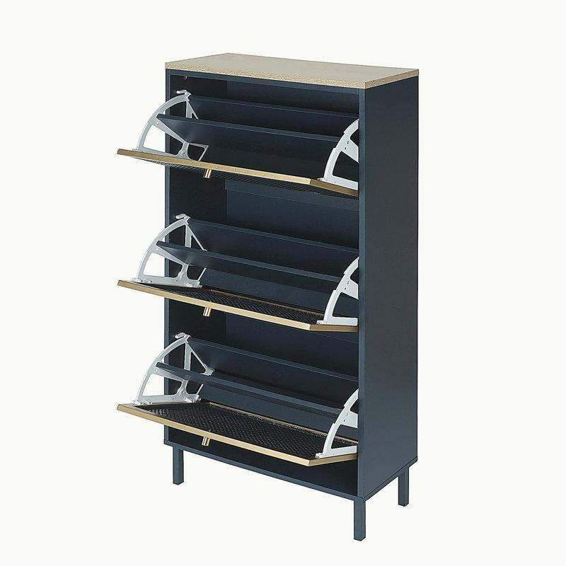 Metal Ayaklı Ahşap Rattan Desenli 3 Düşer Kapaklı Ayakkabılık - 60x24x125 cm - 229560
