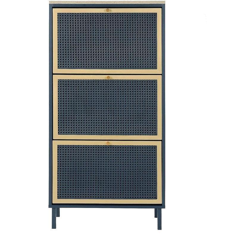 Metal Ayaklı Ahşap Rattan Desenli 3 Düşer Kapaklı Ayakkabılık - 60x24x125 cm - 229560