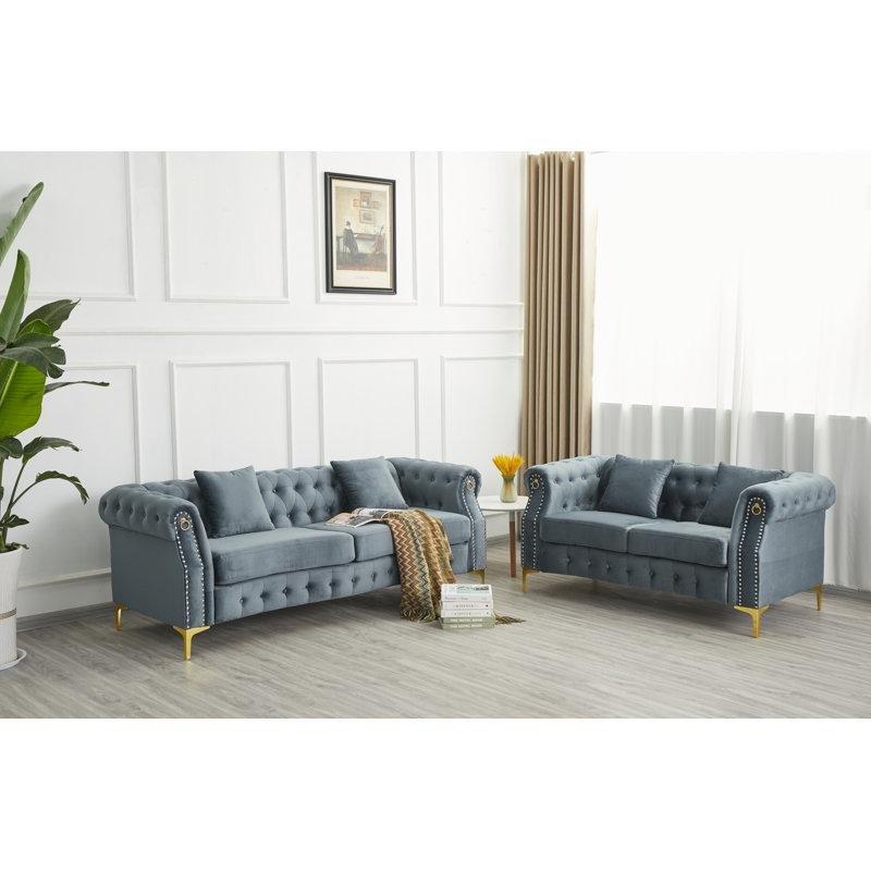 Metal Ayaklı Kadife Chesterfield Koltuk Takımı - 192448