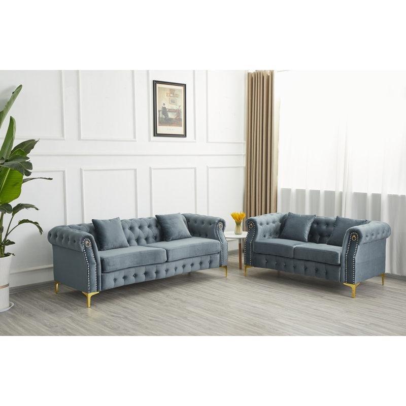 Metal Ayaklı Kadife Chesterfield Koltuk Takımı - 192448
