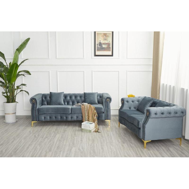 Metal Ayaklı Kadife Chesterfield Koltuk Takımı - 192448