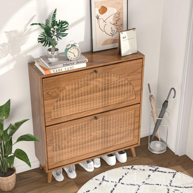 Metal Ayaklı Oluklu Kemer Desenli 2 Düşer Kapaklı MDF Ayakkabılık - 81x24x90 cm - 229586