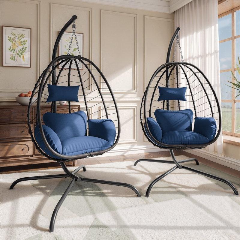 Metal Ayaklı PE Rattan Su Geçirmez Minderli 2li Set Yumurta Balkon Salıncağı - 174419