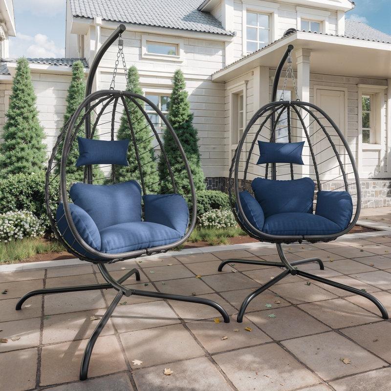Metal Ayaklı PE Rattan Su Geçirmez Minderli 2li Set Yumurta Balkon Salıncağı - 174419
