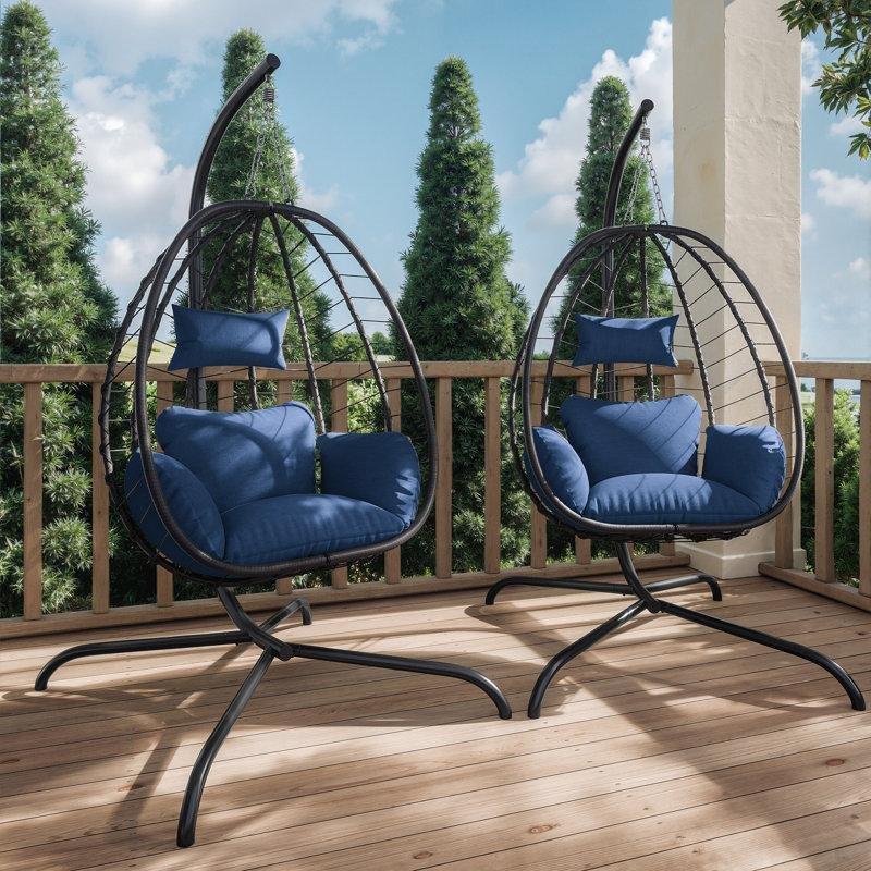 Metal Ayaklı PE Rattan Su Geçirmez Minderli 2li Set Yumurta Balkon Salıncağı - 174419