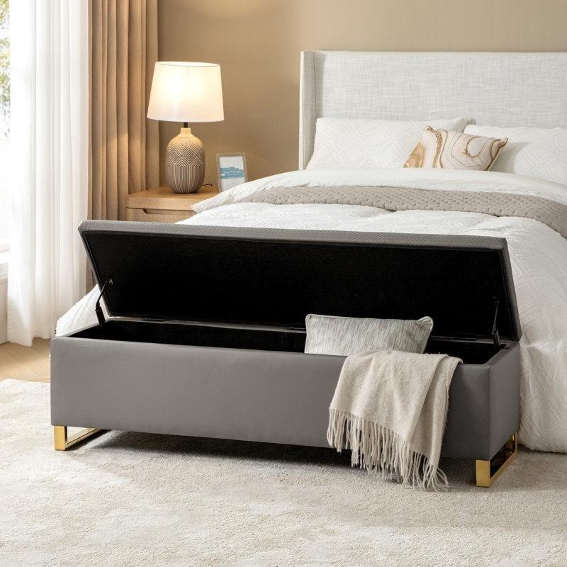 Metal Ayaklı Suni Deri Baklava Desenli Sandıklı Bench ve İki Adet Puf - 153 cm - 164272