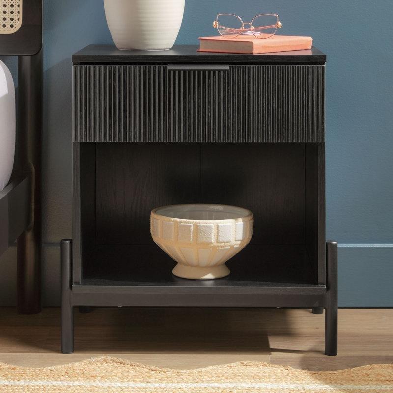 Metal Ayaklı Yivli Çekmeceli Açık Raflı MDF Komodin - 56 cm - 224658