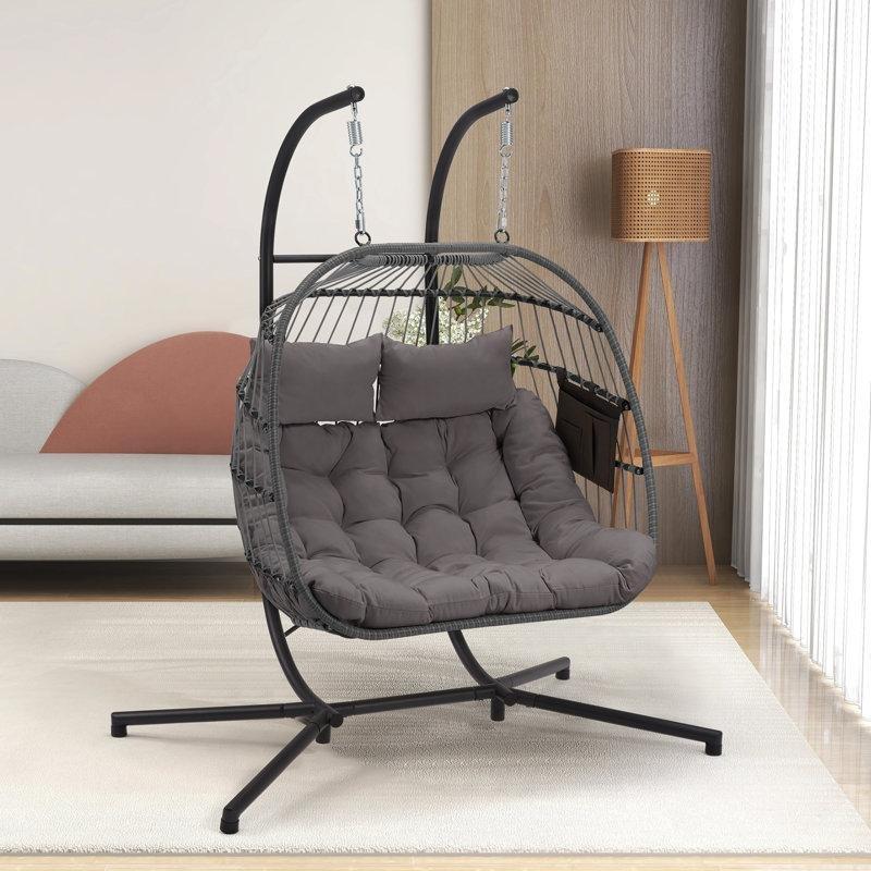 Metal Rattan Çift Kişilik Katlanabilir Sepetli Ayaklı Balkon Salıncağı - 162x99 cm - 175071