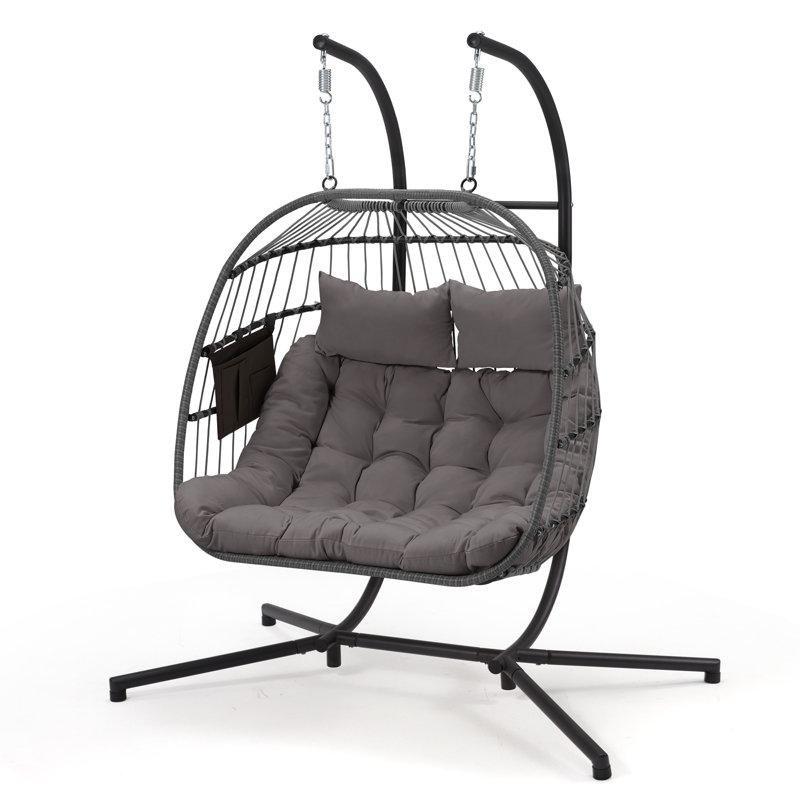 Metal Rattan Çift Kişilik Katlanabilir Sepetli Ayaklı Balkon Salıncağı - 162x99 cm - 175071