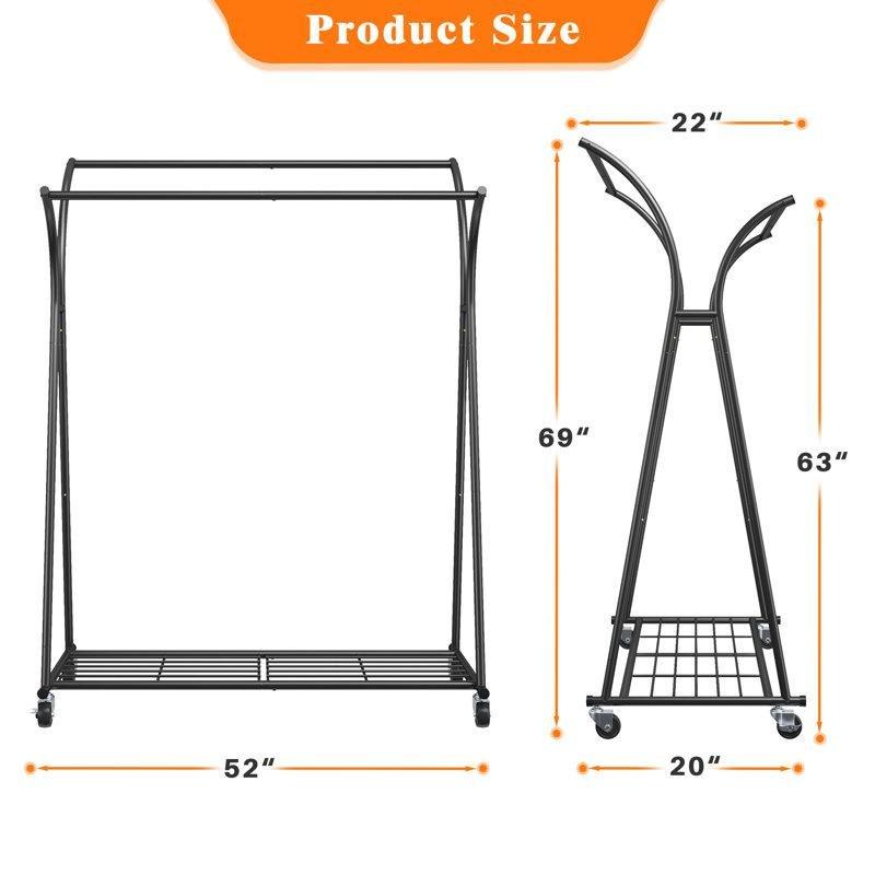 Metal Tekerlekli Çift Askı Çubuklu Raflı Ayaklı Askılık - 133x51x176 cm - 165652