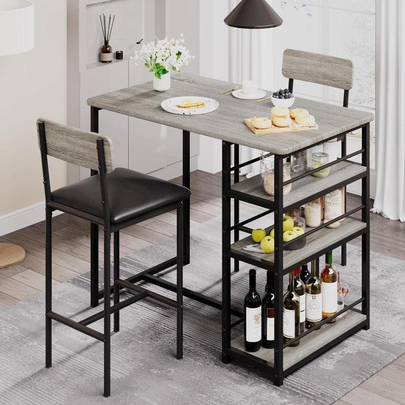 Metal ve Ahşap 3 Raflı 2 Tabureli Bar Masası Seti - 92x50 cm - 231870