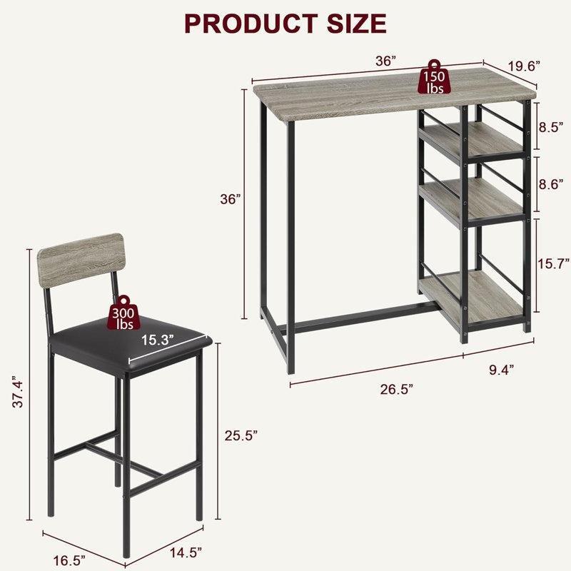 Metal ve Ahşap 3 Raflı 2 Tabureli Bar Masası Seti - 92x50 cm - 231870