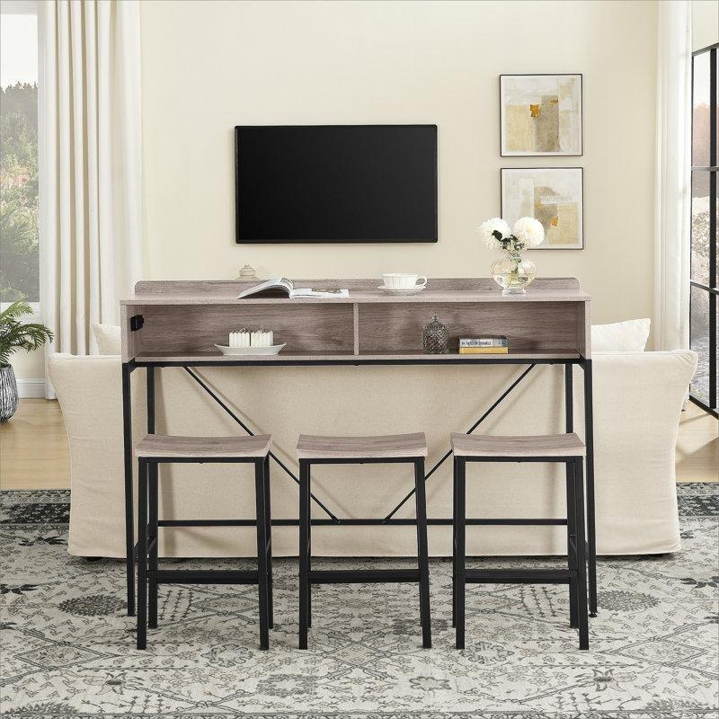 Metal ve Ahşap LED Aydınlatmalı Prizli 3 Tabureli Koltuk Arkası Dresuar Seti - 150 cm - 218248