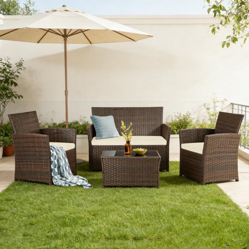 Minderli El Dokuması Rattan Çelik İskeletli 4 Kişilik Bahçe Takımı - 209831