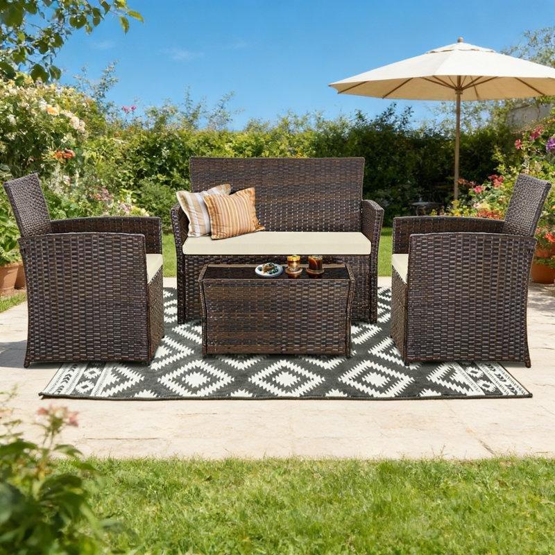 Minderli El Dokuması Rattan Çelik İskeletli 4 Kişilik Bahçe Takımı - 209831