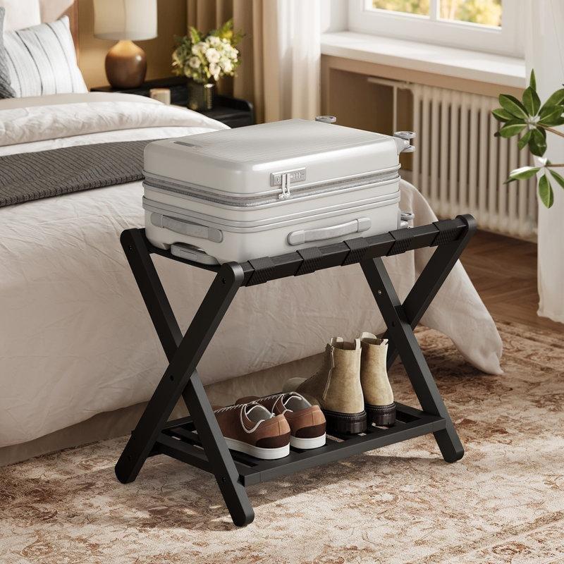 Mürekkep Siyahı Kauçuk Ağacı Raflı Katlanabilir Valiz Sehpası - 68 cm - 187004