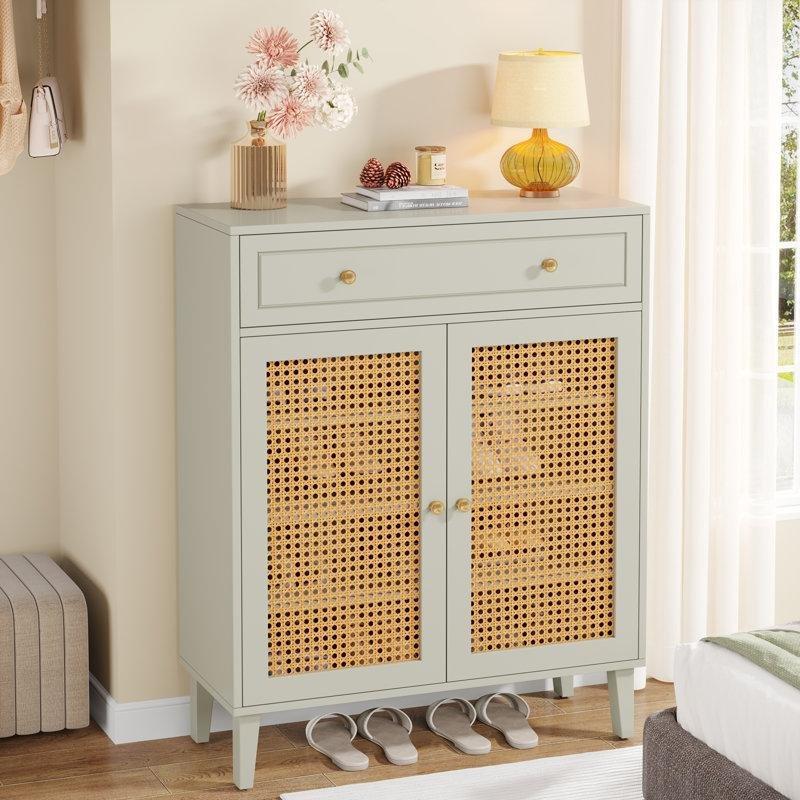 Nane Yeşili MDF Rattan Kapaklı Çekmeceli Ayarlanabilir Raflı Ayakkabılık - 111x80x40 cm - 229958