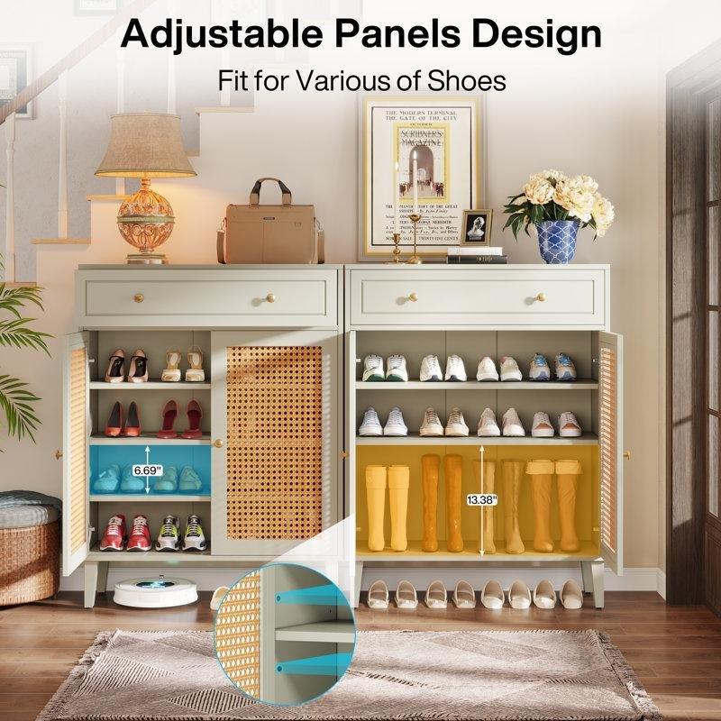 Nane Yeşili MDF Rattan Kapaklı Çekmeceli Ayarlanabilir Raflı Ayakkabılık - 111x80x40 cm - 229958