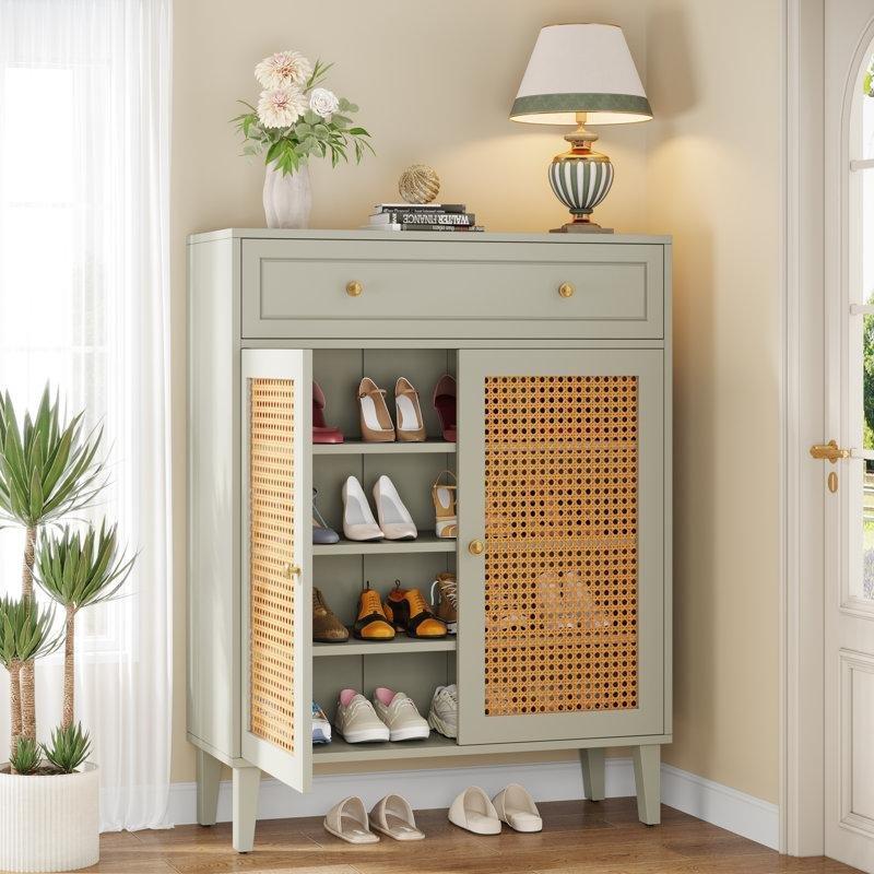 Nane Yeşili MDF Rattan Kapaklı Çekmeceli Ayarlanabilir Raflı Ayakkabılık - 111x80x40 cm - 229958