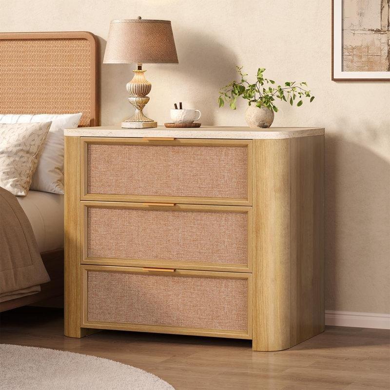 Natural Meşe Rattan Detaylı Mermer Desenli Üst Tablalı 3 Çekmeceli Komodin - 224293