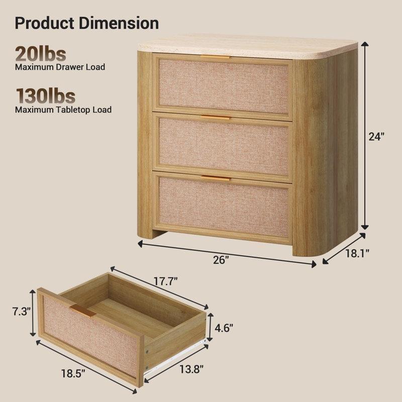 Natural Meşe Rattan Detaylı Mermer Desenli Üst Tablalı 3 Çekmeceli Komodin - 224293