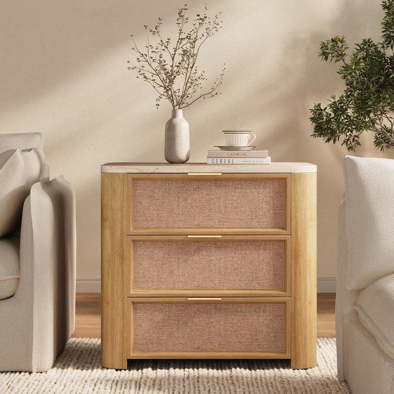 Natural Meşe Rattan Detaylı Mermer Desenli Üst Tablalı 3 Çekmeceli Komodin - 224293