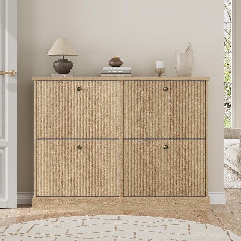 Naturel Ahşap MDF Yivli 4 Düşer Kapaklı Ayakkabılık - 120x26x91 cm - 229187
