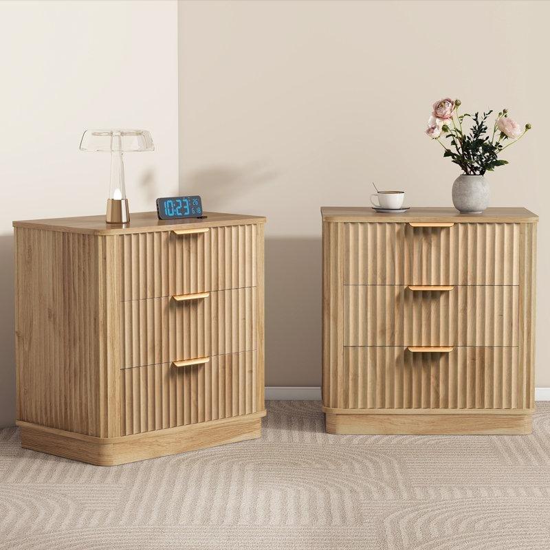 Naturel Ahşap Yivli 3 Çekmeceli İkili Komodin Seti - 61x58 cm - 223384