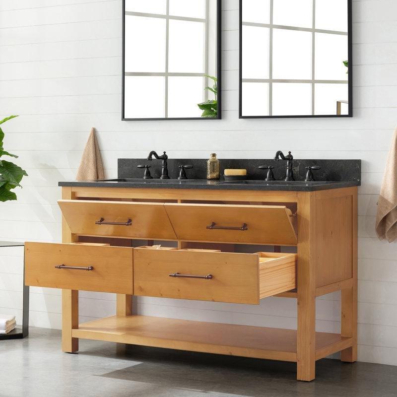 Naturel Masif Ahşap Mavi Kalker Taşlı Çift Lavabolu Çekmeceli Banyo Lavabo Dolabı - 138 cm - 199683