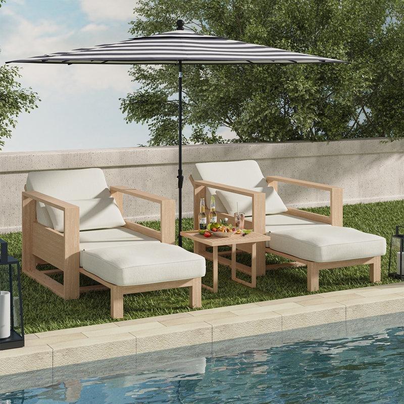 Naturel Masif Akasya Ağacı Ayarlanabilir Sırtlıklı ve Minderli 2li Şezlong Seti - 171395