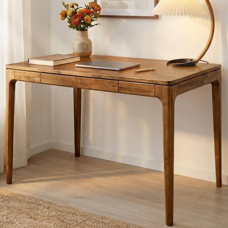 Naturel Masif Kauçuk Ağacı Çekmeceli Dikdörtgen Vintage Çalışma Masası - 120x77 cm - 234883