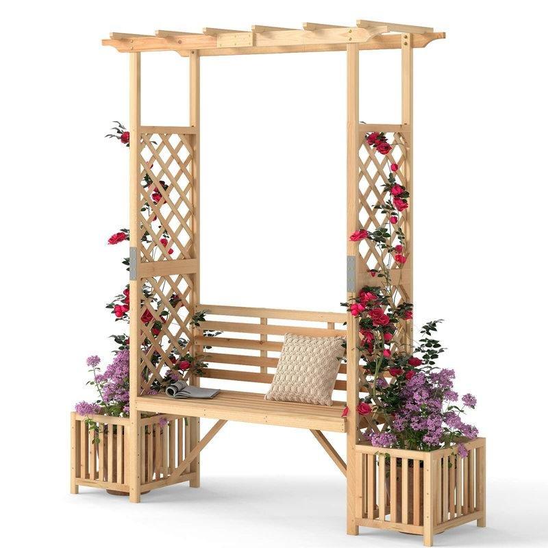 Naturel Masif Köknar Ağacı İki Kişilik Oturaklı ve Saksılı Pergola Çatılı Bahçe Kemeri - 186x204 cm - 178943