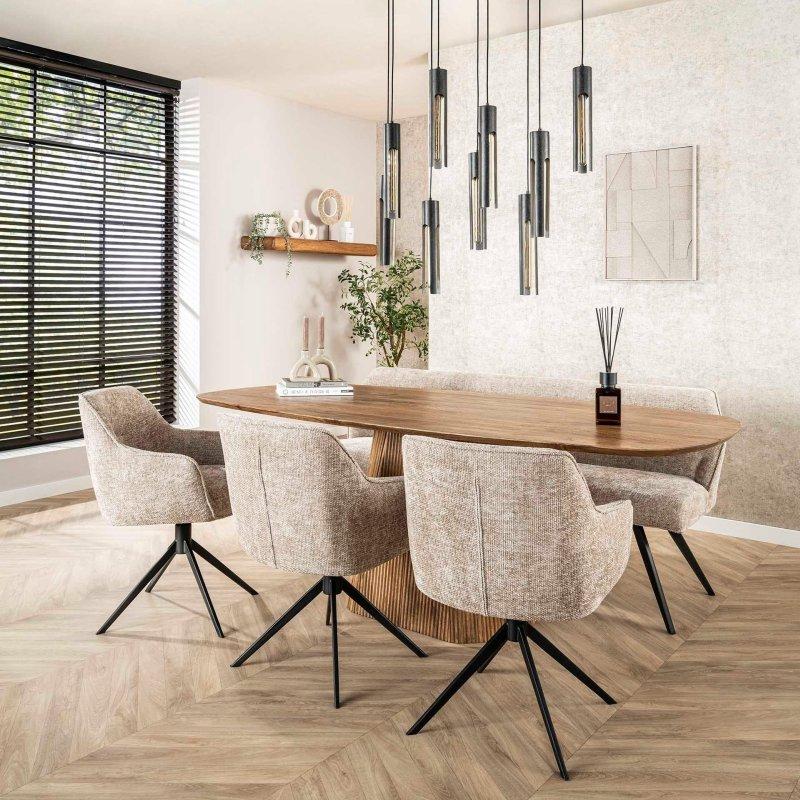 Natürel Masif Mango Ağacı Oval Yivli Konik Ayaklı Bohem Yemek Masası - 215x105 cm - 235290