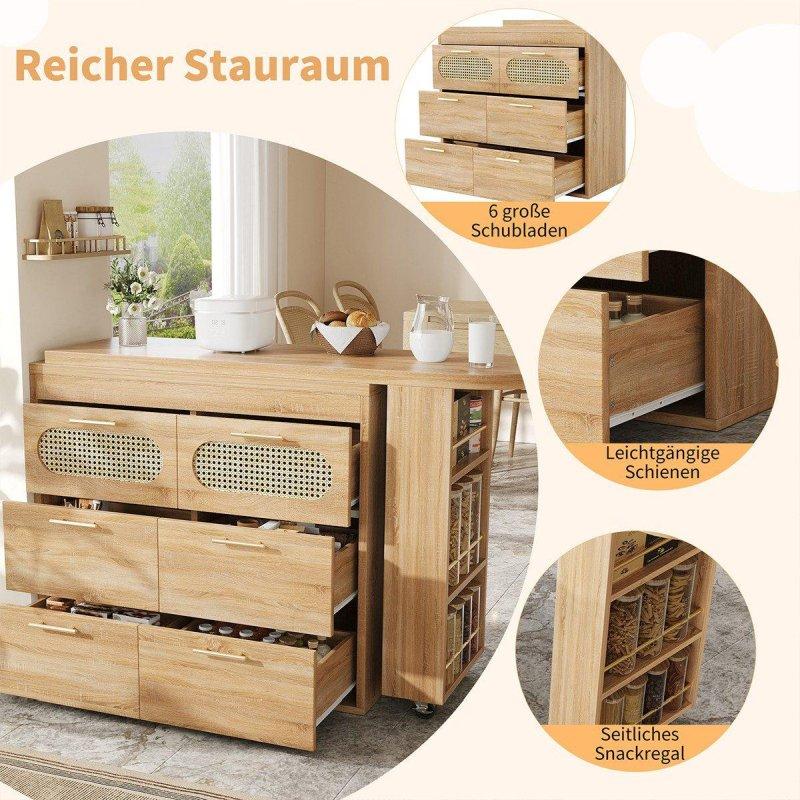Natürel MDF 6 Çekmeceli 360° Dönebilir Açılır Bar Masası - 128-203x39x90 cm - 232492