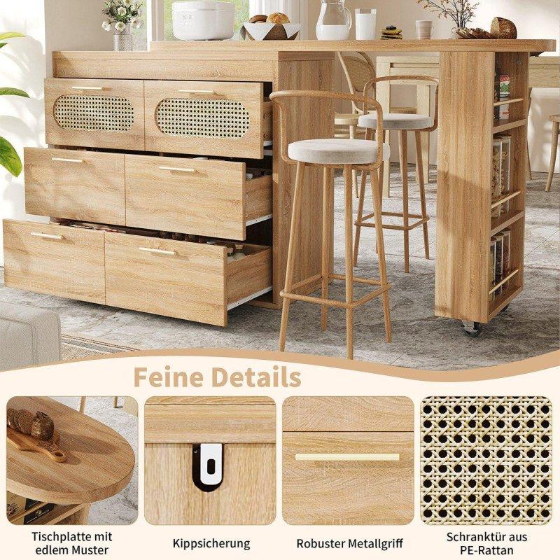 Natürel MDF 6 Çekmeceli 360° Dönebilir Açılır Bar Masası - 128-203x39x90 cm - 232492