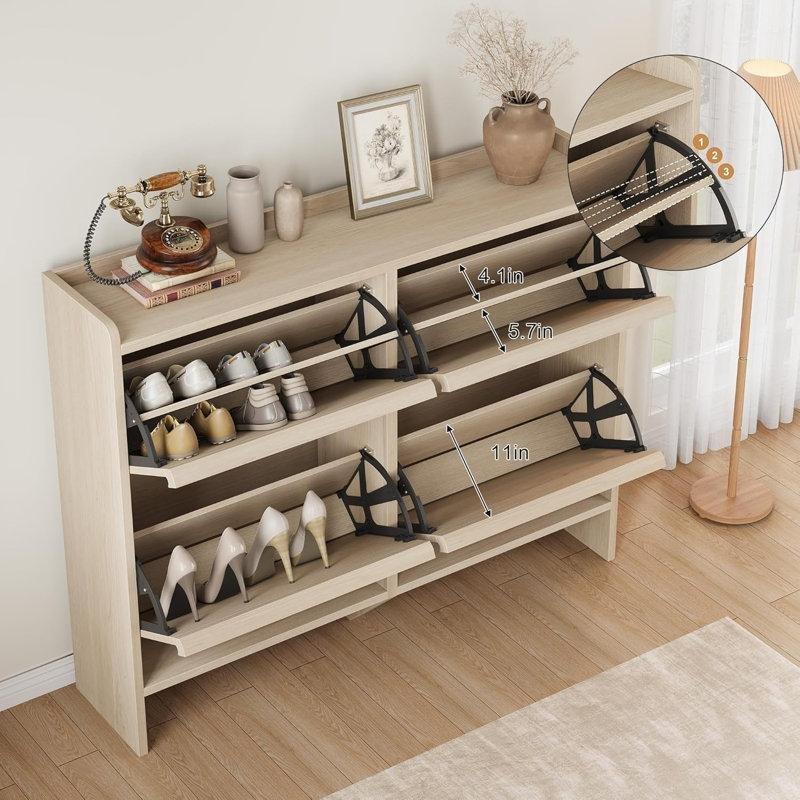 Natürel Meşe MDF 4 Düşer Kapaklı Ayarlanabilir Raflı Ayakkabılık - 120 cm - 227349