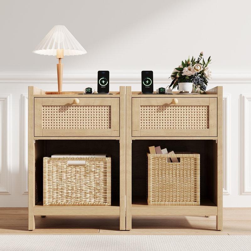 Natürel Rattan Desenli Şarj İstasyonlu Çekmeceli İkili Komodin Seti - 223167