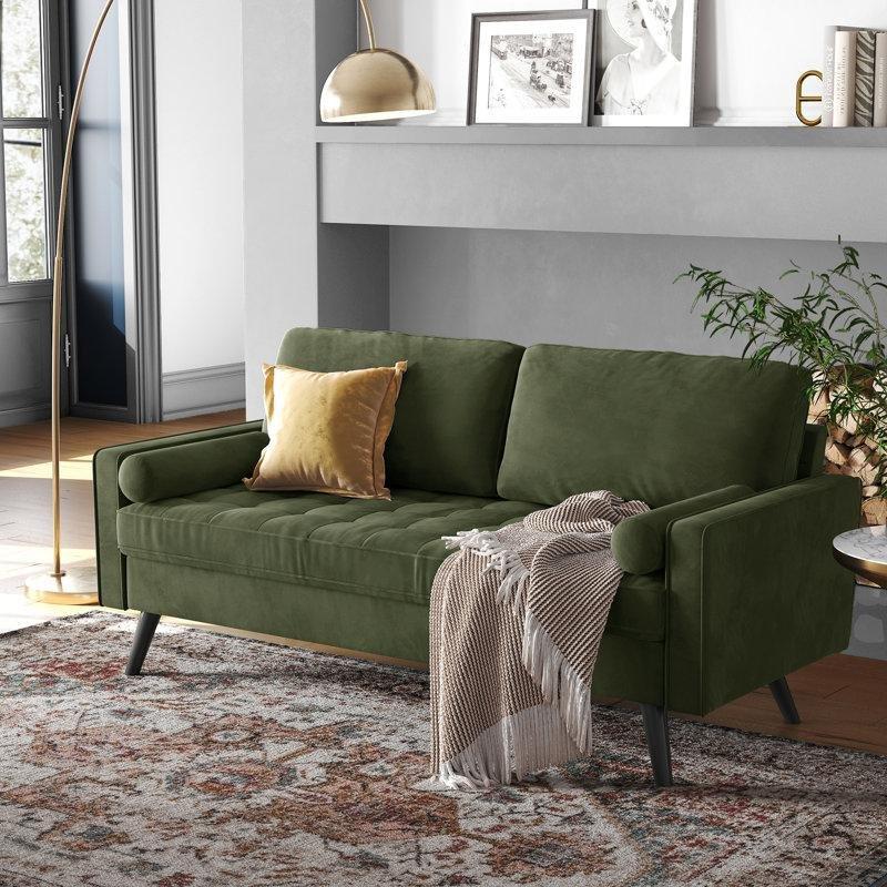 Orman Yeşili Kadife Masif Ahşap Kare Kollu Kapitoneli Koltuk - 178 cm - 195323