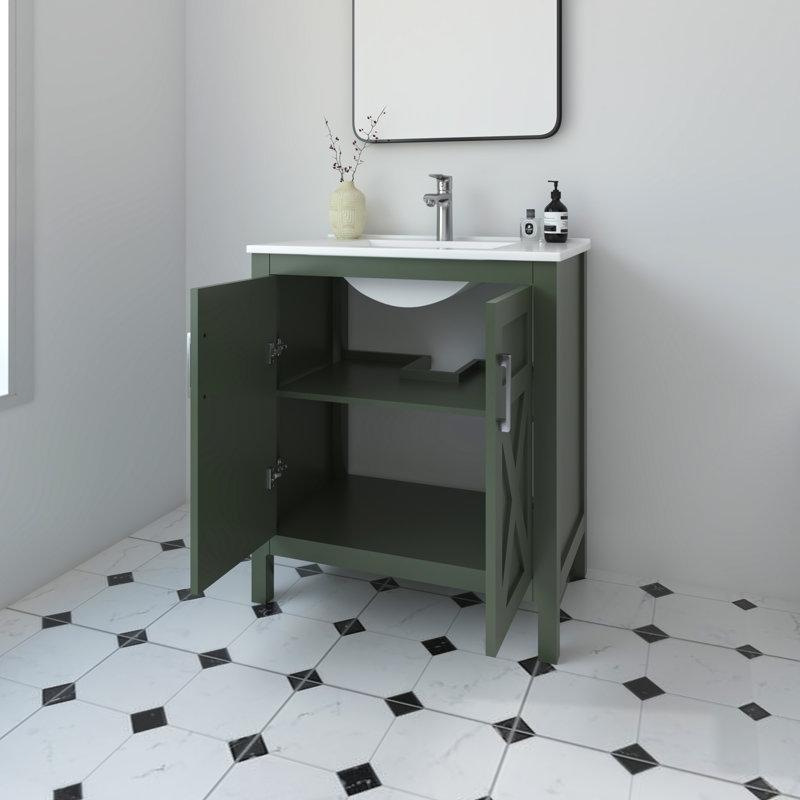 Orman Yeşili Masif Ahşap Seramik Tezgahlı Ayaklı Banyo Lavabo Dolabı - 77 cm - 199610