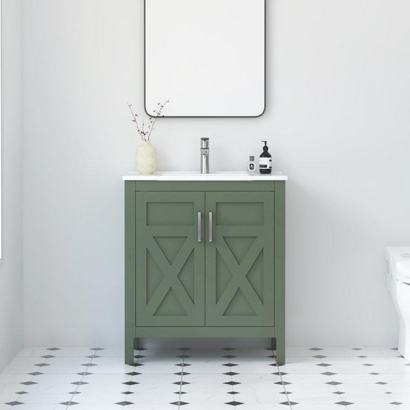 Orman Yeşili Masif Ahşap Seramik Tezgahlı Ayaklı Banyo Lavabo Dolabı - 77 cm - 199610