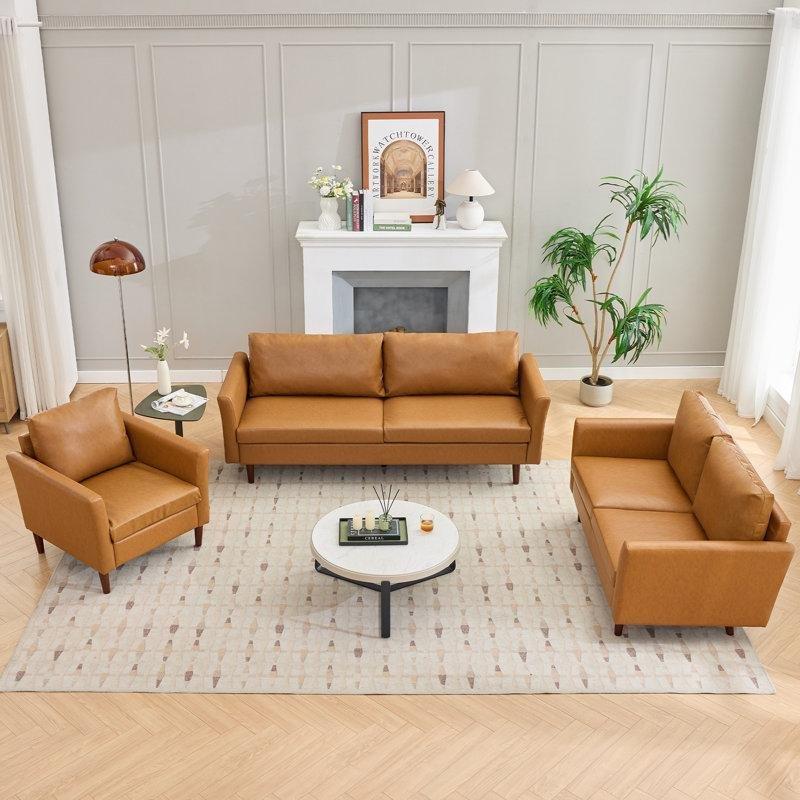 Orta Kahverengi Suni Kürk Kumaş Masif Ahşap Ayaklı 3 Parça Koltuk Takımı - 191251