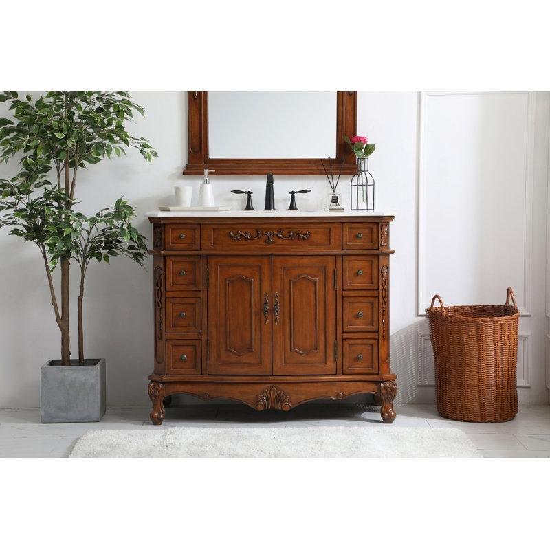 Oymalı Detaylı Masif Huş Ağacı Ayaklı Mermer Tezgahlı Banyo Lavabo Dolabı - 107 cm - 200501